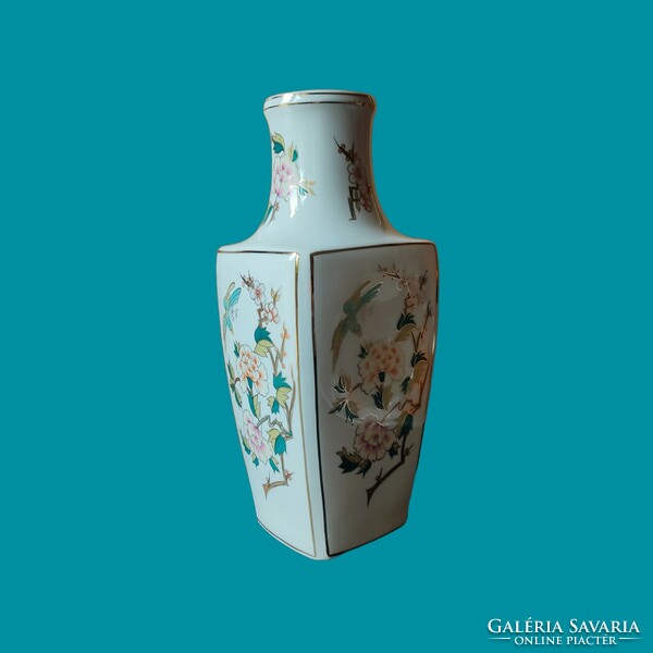 Hollóházi porcelán váza madár-virág mintás dekorral