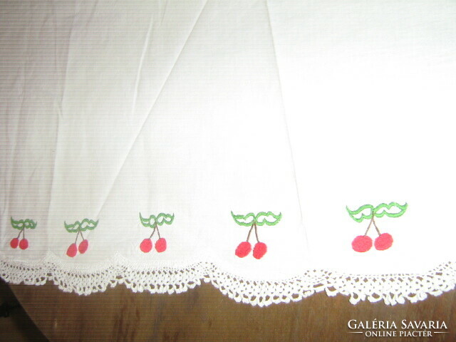 Beautiful white cherry round linen tablecloth with a lace edge