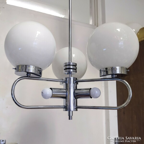 Art deco - Streamline - Bauhaus 3 karos - 6 égős krómozott csillár felújítva - tejüveg gömb búrák