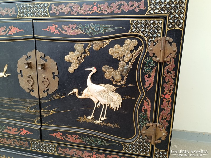 Antique Chinese furniture plant bird peacock grease stone embossed mother-of-pearl inlaid black lacquer cabinet 8676