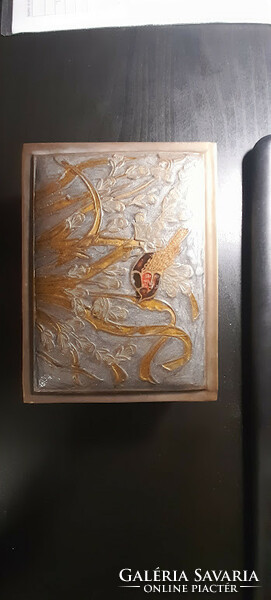 Metal box jewelry holder with bird flower mother-of-pearl inlay