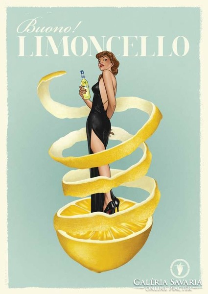 Vintage Limoncello reklám plakát reprint nyomat, olasz likőr citrom nő fekete estélyi ruhában