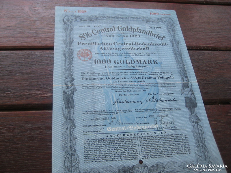 Német kötvény 8% os  1928 ból , 1000  arany márka