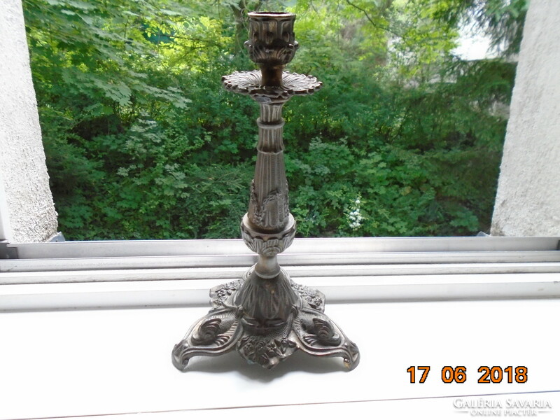 Antique rich rococo embossed base with 3 Florentine dolphins, pewter candle holder 25 cm