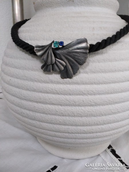 Silver-plated ginkgo leaf pendant with black wire chain