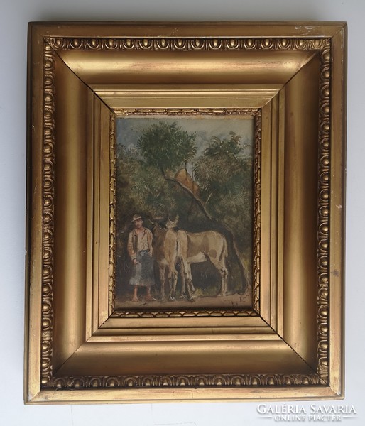 Jenő Kárpáthy (1870-1950): boy with donkeys. Marked antique watercolor.