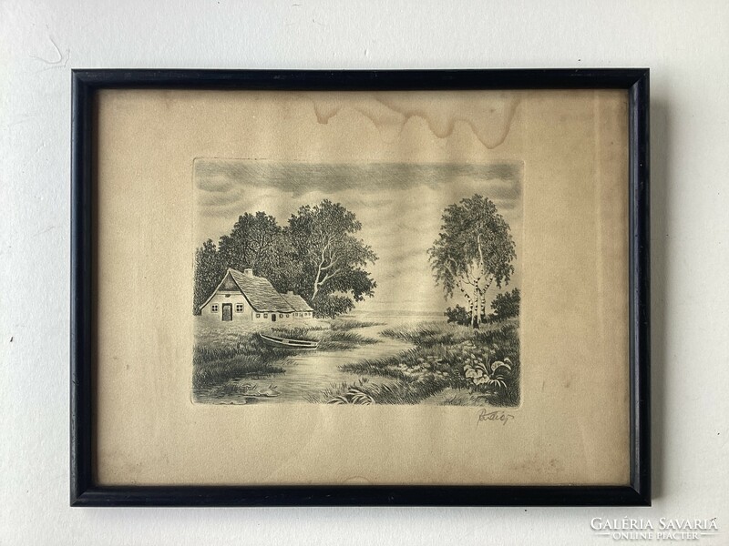 Fisherman's farm, signed etching, in a glazed garden.