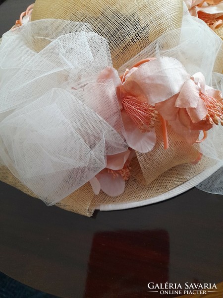 Hat, occasional handmade straw, tulle and silk flower decoration