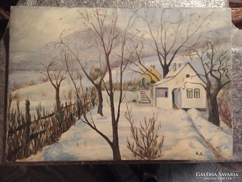 B.S. Winter in the garden with sign, oil painting, 40 x 60 cm