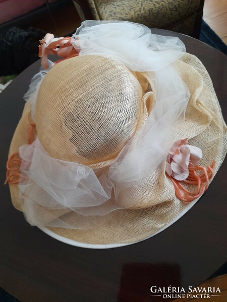 Hat, occasional handmade straw, tulle and silk flower decoration
