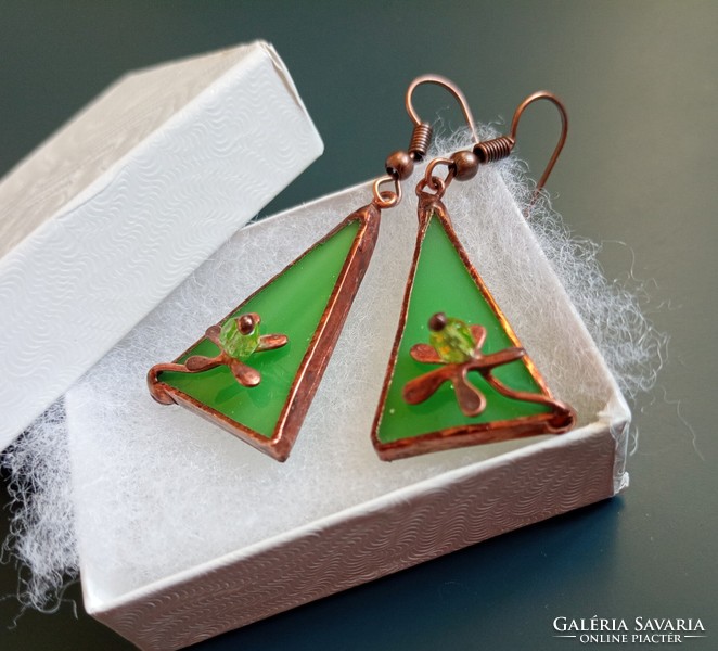 Sophisticated handcrafted glass jewelry, green earrings with a small copper flower