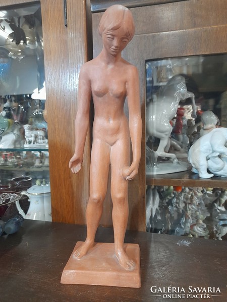 László Deák 1926-1970, female nude ceramic terracotta sculpture, small sculpture. 33 Cm.