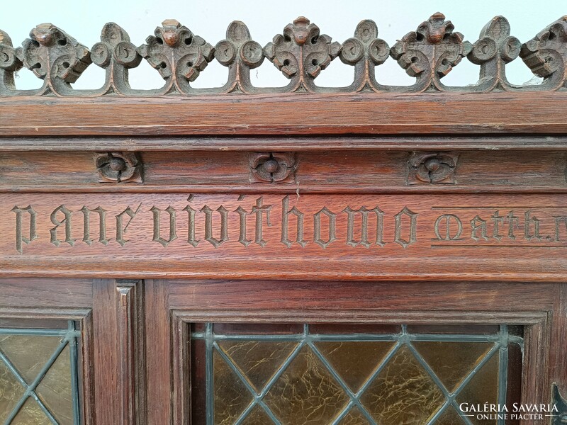 Antique renaissance oak furniture wall display case with stained glass window and doors with Latin inscription 233 8426