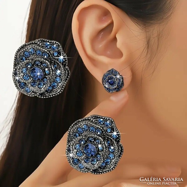 Vintage style blue crystal rose earrings 407