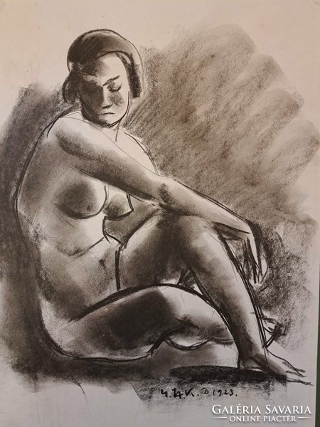 RITKA! KORAI MUNKA! Gáborjáni Szabó Kálmán (1897-1955) art-deco női akt évszámos 1923 tus festmény