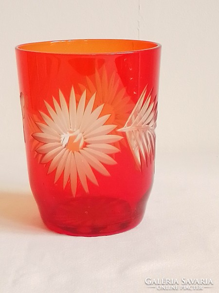 Antik régi überfangos csiszolt metszett virág szőlő mintás színes narancs piros üveg pohár