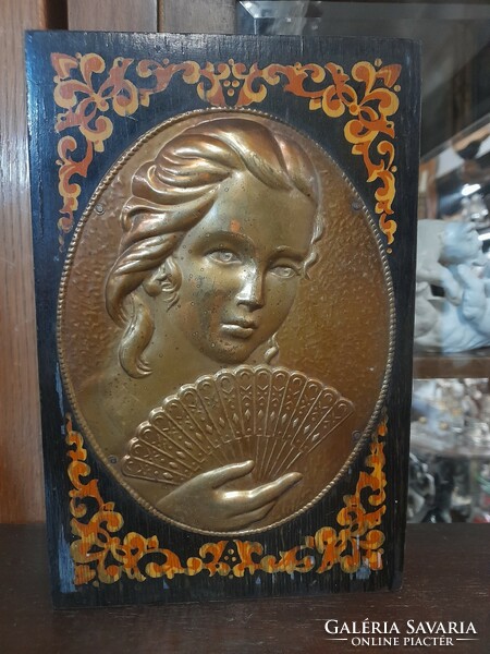 Wooden music box, decorated with a copper fan woman.