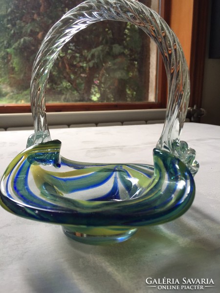 Murano or Czech glass basket with twisted handle, handmade (68)