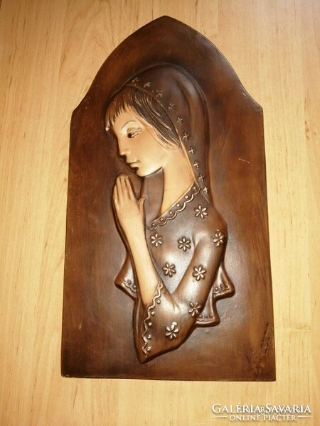Old craftsman praying madonna ceramic wall picture - 34.5 cm high (af)