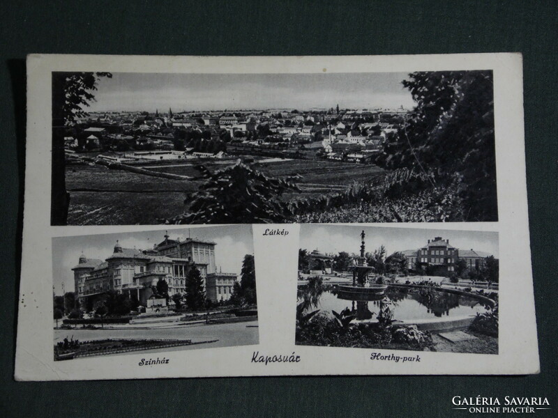 Postcard, Kaposvár mosaic skyline detail, theater, Horthy Park, 1943