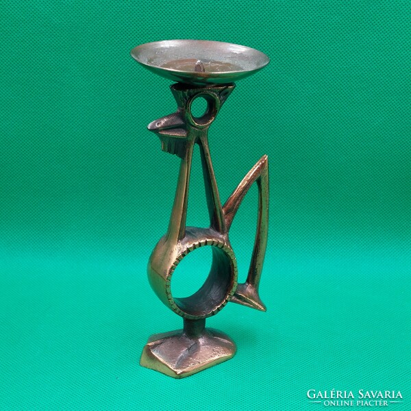 Gyula Szabó copper alloy candle holder in the shape of a rooster