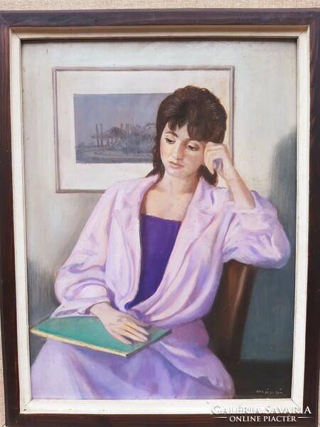István Mácsai (1922-2005) lady in purple blouse with book