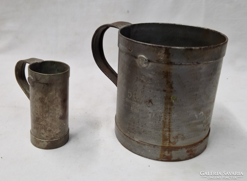 Old authentic 5 dl and 5 cl metal measuring cup with Klein and Petri Gyula inscriptions for sale