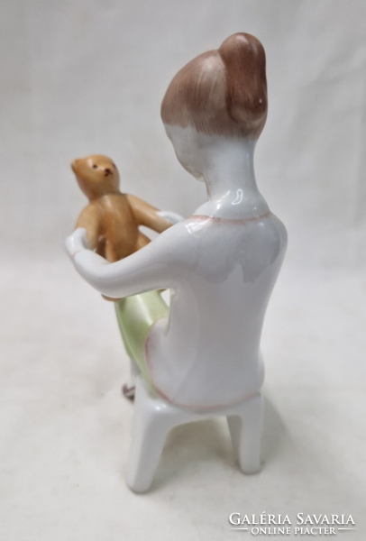 Aquincum girl with teddy bear porcelain figurine in perfect condition 14 cm.