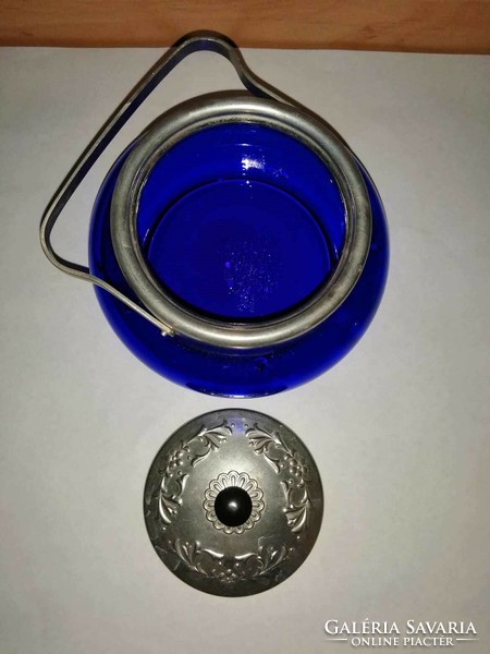 Retro kék üveg bonbonier fém tetővel (5/d)