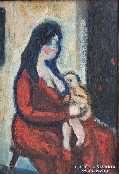 Ilona Aczél (1929 - 2000) mother with her child in the 60s. Oil painting with original guarantee!