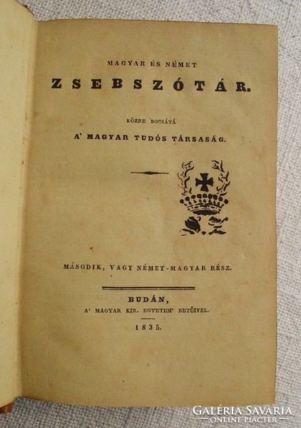 Hungarian and German Pocket Dictionary, the Hungarian Scholars' Society 1835, dictionary, 189-year-old book