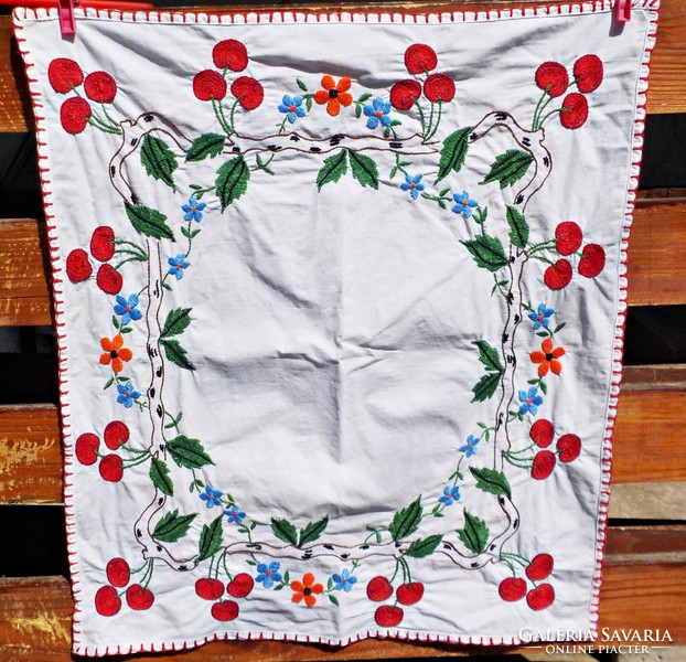 Hand-embroidered cherry tablecloth 57 x 50 cm.
