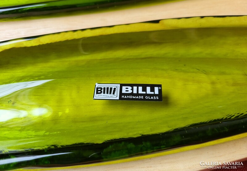 Billi kézzel készült zöld üveg fa tálaló tál kínáló asztalközép