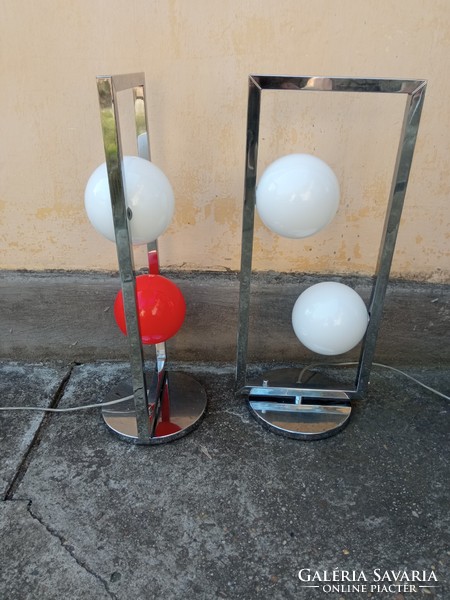 Bauhaus design commode lamp in a pair, chromed metal frame + glass globe shades