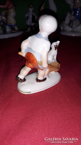 Antique German sitzendorf porcelain figurine of a boy with a wheelbarrow and a dog 10 cm according to the pictures