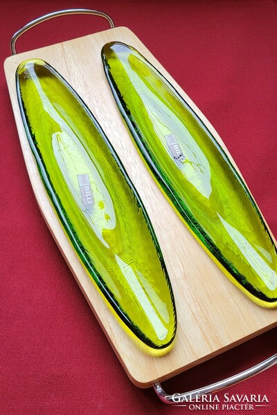 Billi kézzel készült zöld üveg fa tálaló tál kínáló asztalközép