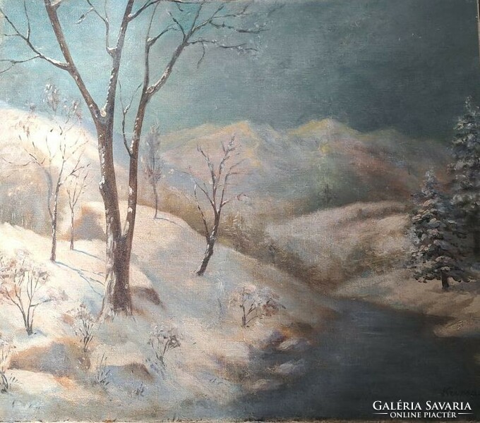 Nagybánya painter, János Krízsán: winter landscape. Oil, canvas,