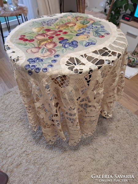 Antique hand-crocheted tablecloth embroidered with needle tapestry in the middle! Amazingly beautiful work!