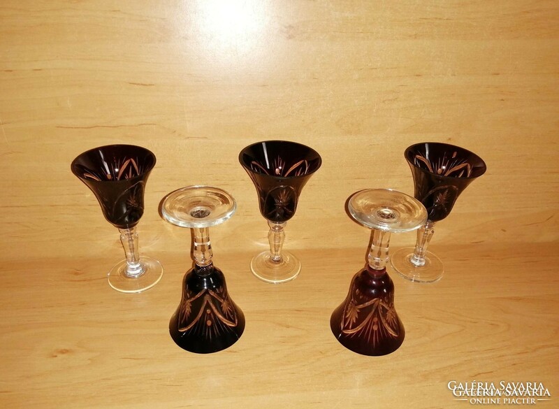 Burgundy etched polished glass stemmed glass 5 pieces in one - height 12 cm (z-7)