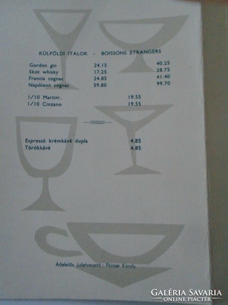 D202208 grand hotel royal - drink bar price list - drinks Budapest 1961