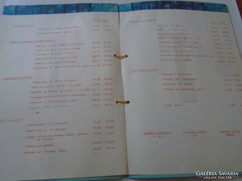 D202221 menu hotel europa Siofok - pannonia hotels 1960's