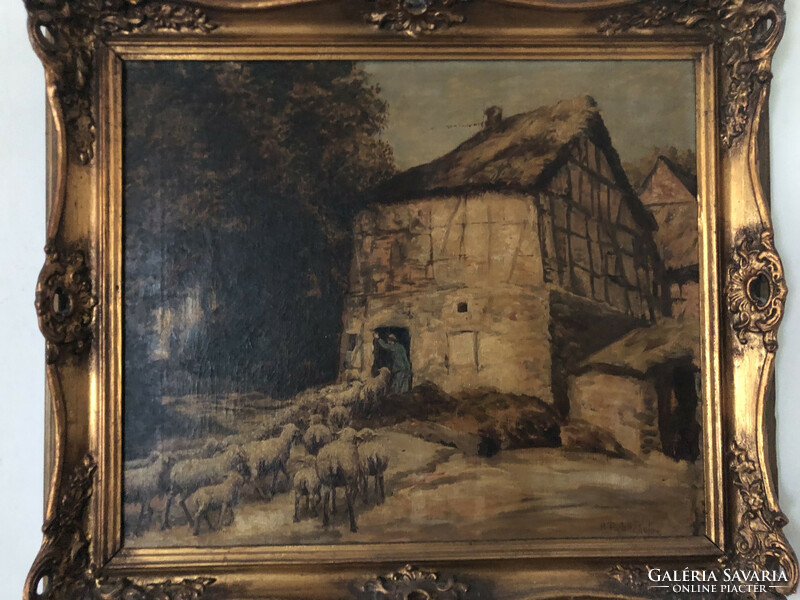 Holland H. Ritzenhofen antik festmény, falusi jelenet, blondel keretben