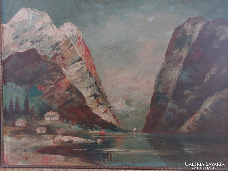 (K) Régi festmény fjord Karl Kaufmann stílusában 42x32 cm kerettel