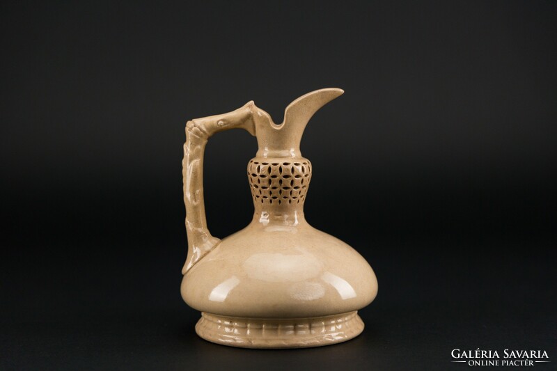 Rare Zsolnay porcelain, Pécs, cream-colored, double-walled jug, 1880s, marked, numbered.