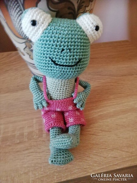 Hand crocheted cool frog boy in bridle pants