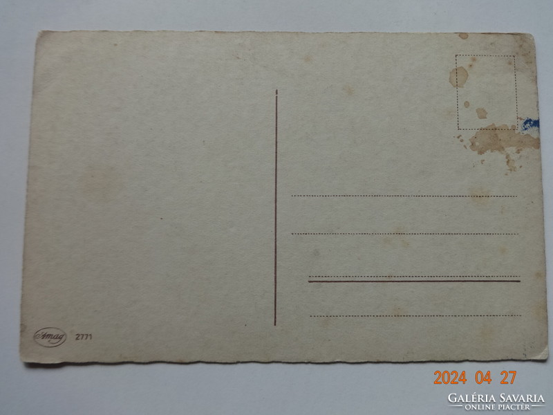 Régi, antik grafikus névnapi üdvözlő képeslap, postatiszta
