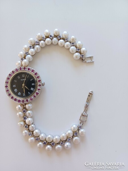 925 Silver women's wristwatch with real pearls and precious stones