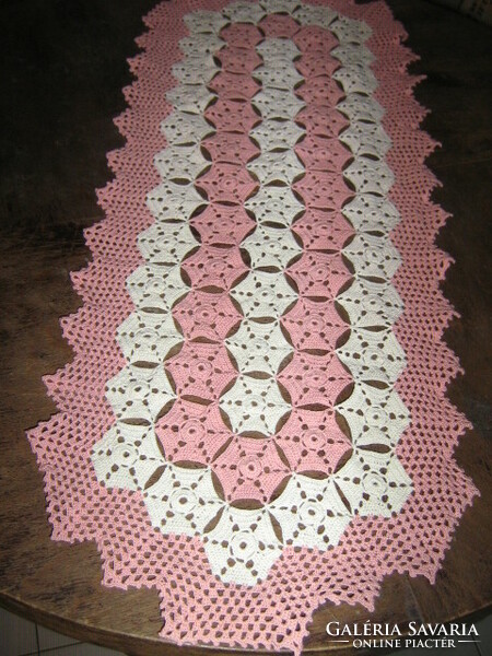 Beautiful white - mauve pink hand crocheted tablecloth