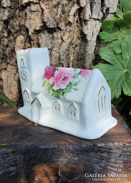 English porcelain rosy cottage church display case on bone china