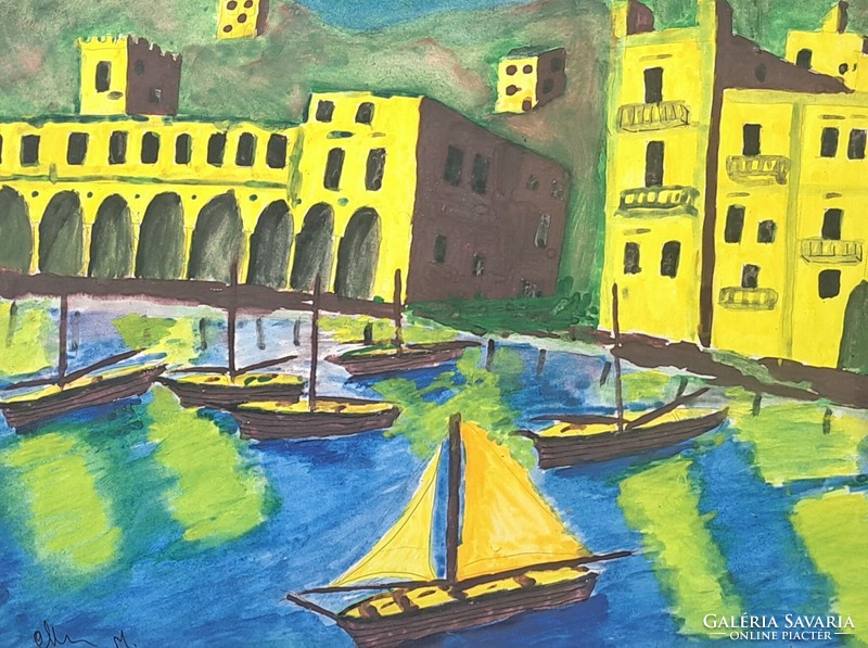 Vízparti házak vitorlásokkal - szignózott akvarell keretben - mediterrán